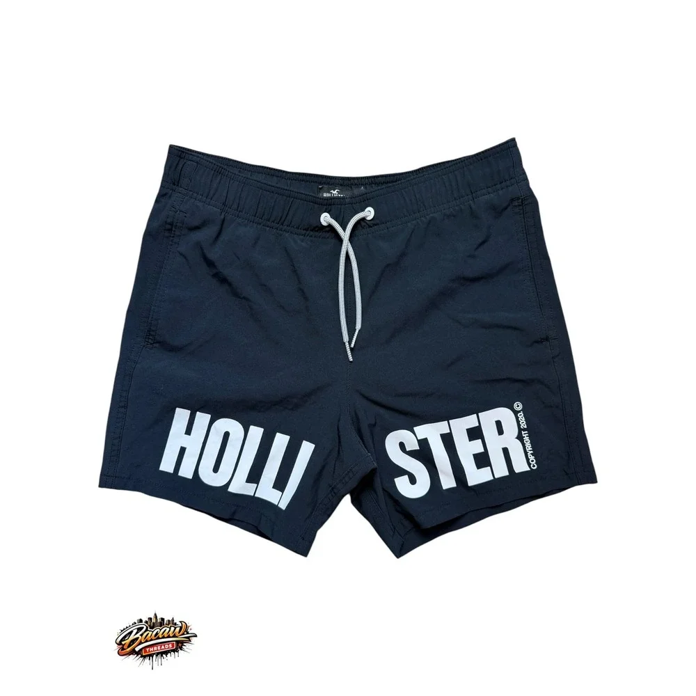 Hollister Mens Black Logo Swim Trunks Stretch Mesh Lined Shorts XS 5 Inseam